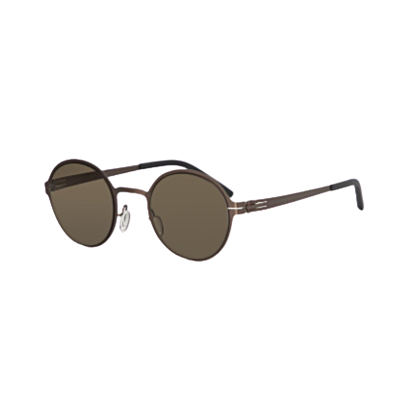 A pair of matte brown full frame round sunglasses with polarized lenses.