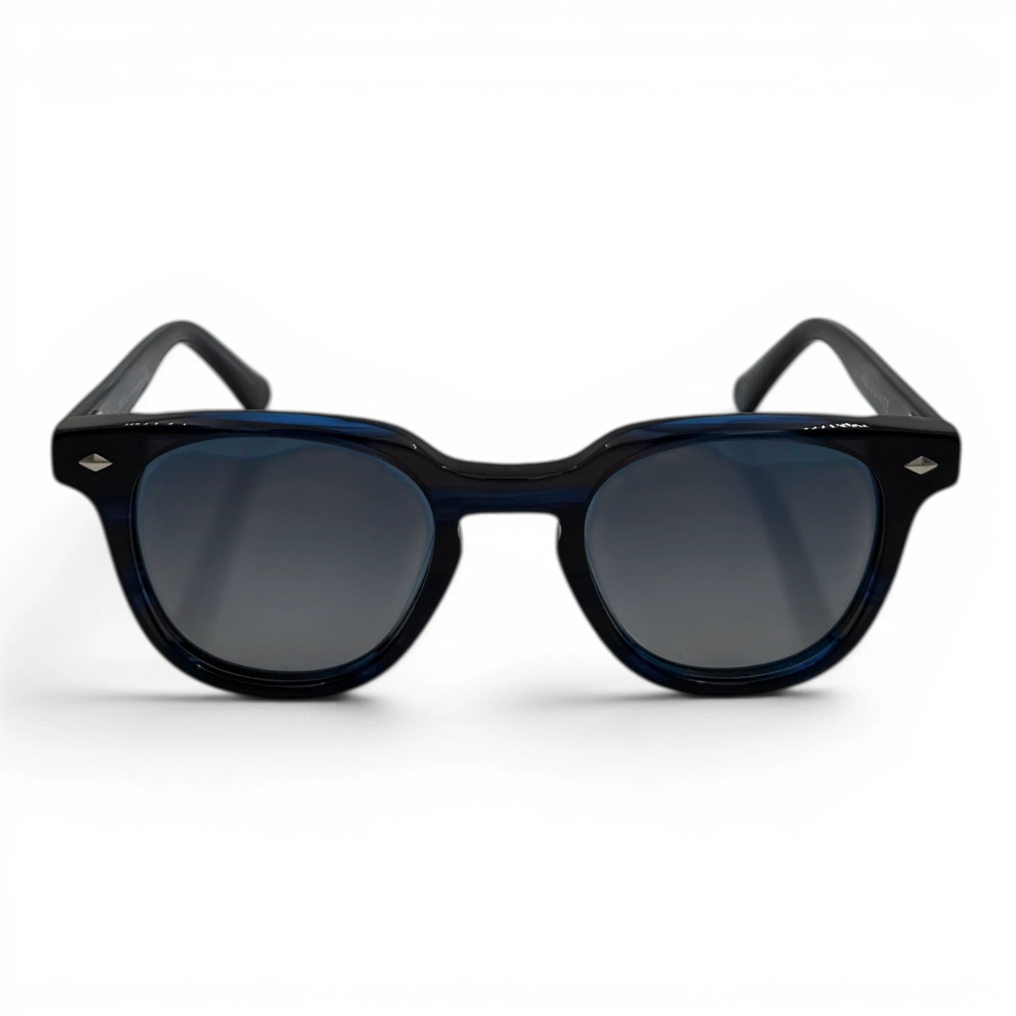 Navy sunglasses with dark lenses on a white background