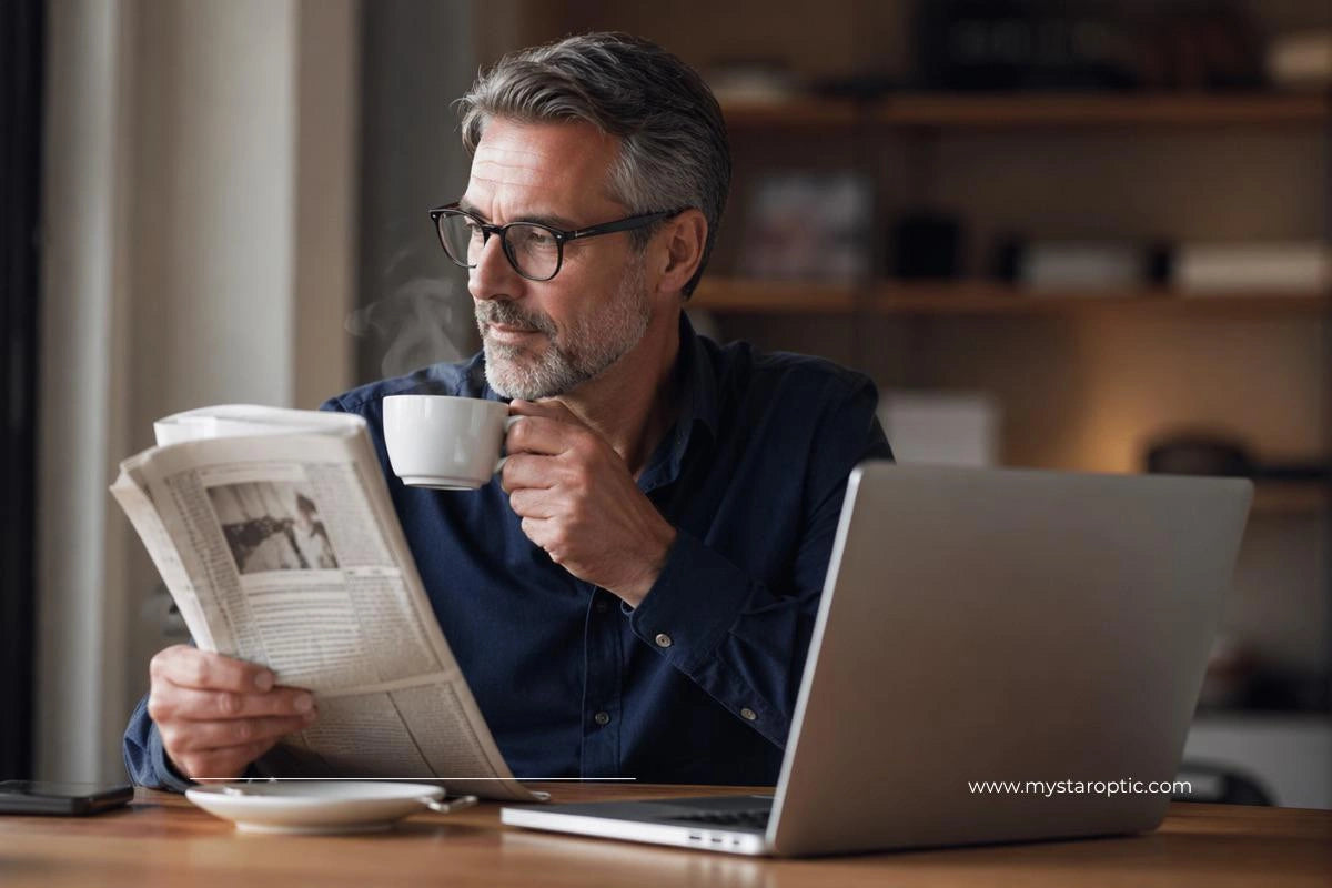 Man reading a newspaper with a laptop and cup of coffee