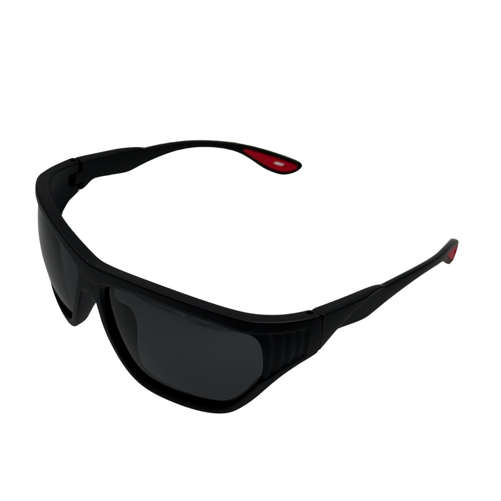 Black sunglasses with red accents on a white background
