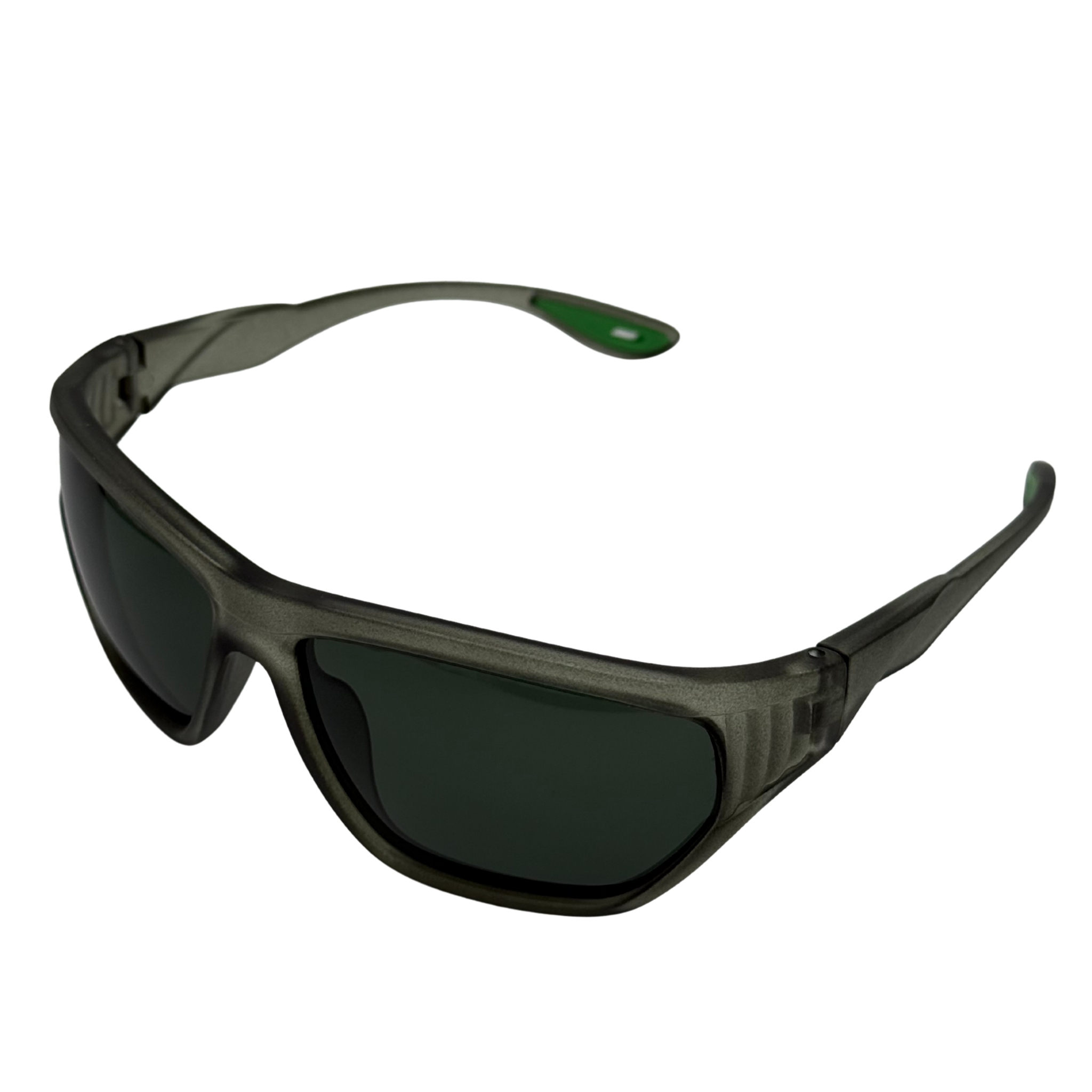 Sunglasses with dark lenses and a green accent on a white background