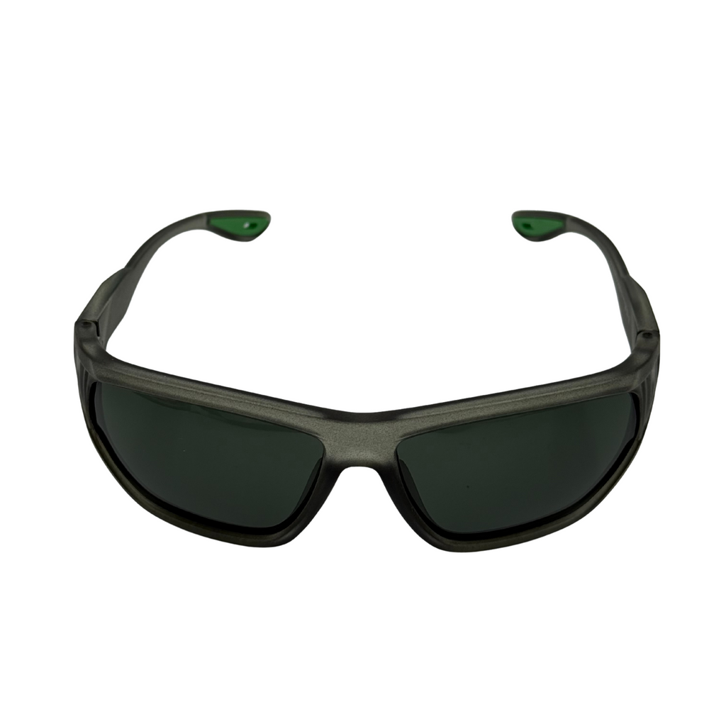 Sunglasses with dark lenses and green accents on a white background