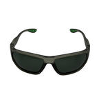 Sunglasses with dark lenses and green accents on a white background