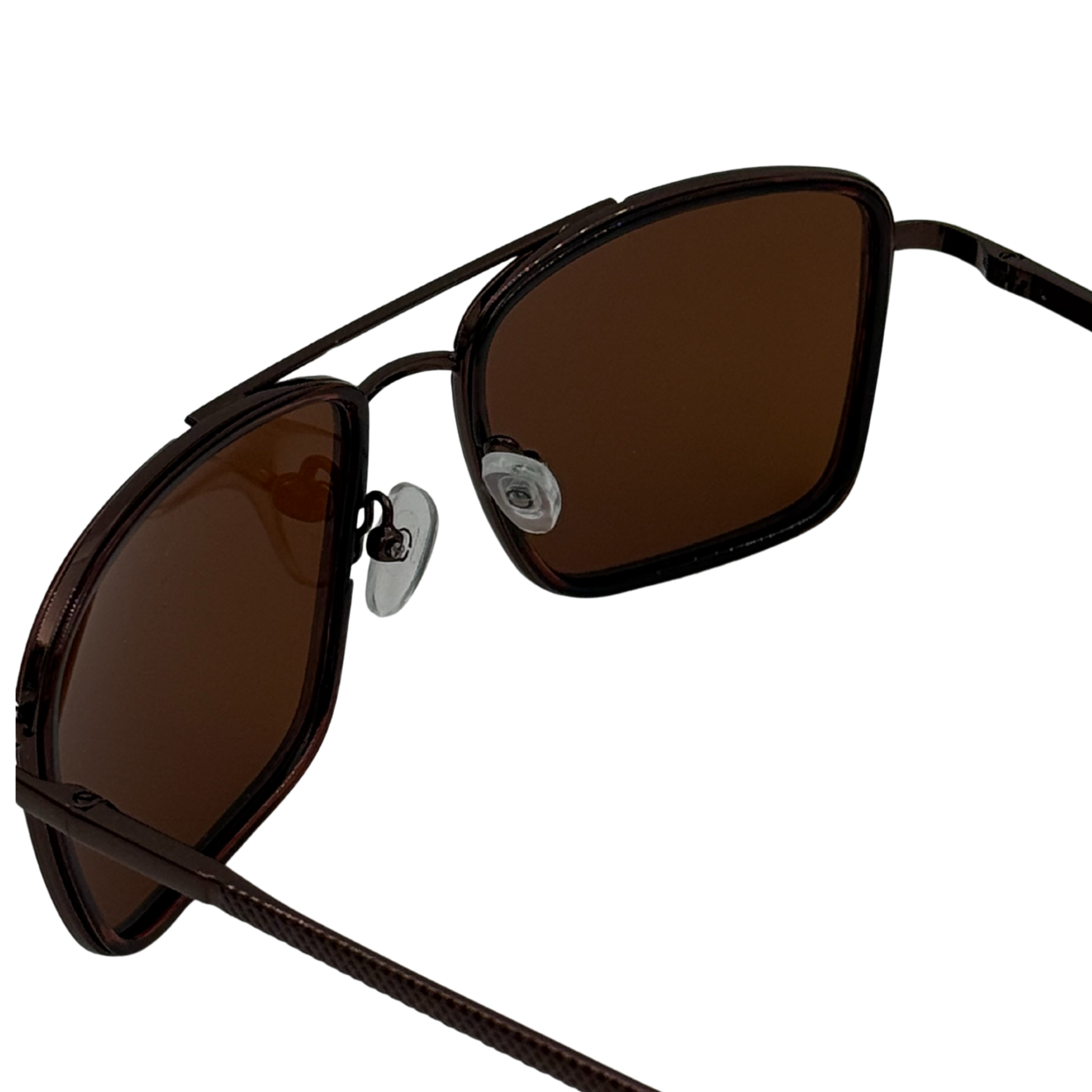 Sunglasses with brown lenses and black frame on a white background