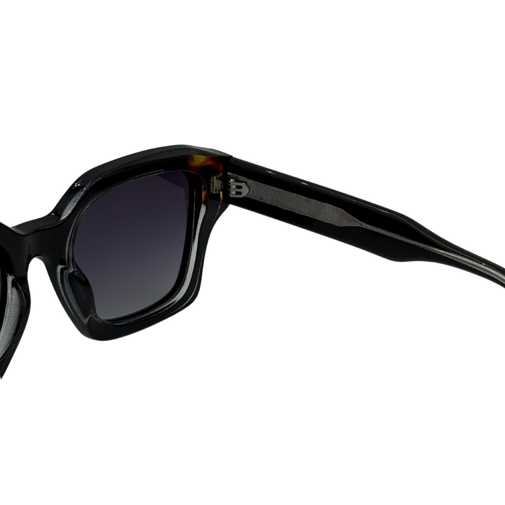 Black sunglasses with dark lenses on a white background