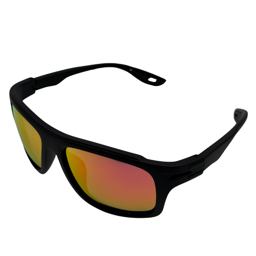 Black sunglasses with red and yellow lenses on a white background