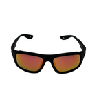 Sunglasses with black frame and red lenses on a white background