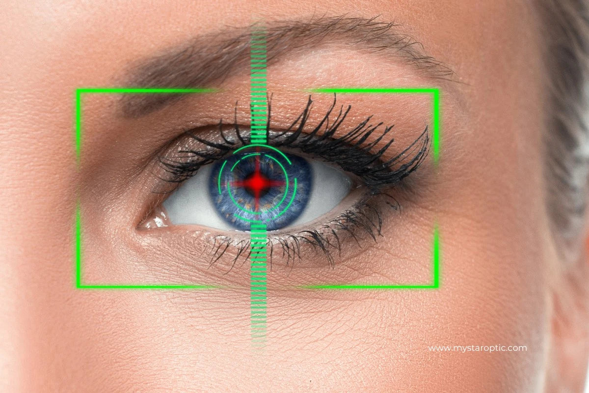 Close-up eye scan illustration showing pupillary distance measurement for accurate online glasses orders.