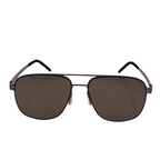 Sunglasses with dark lenses and thin metal frame on a white background