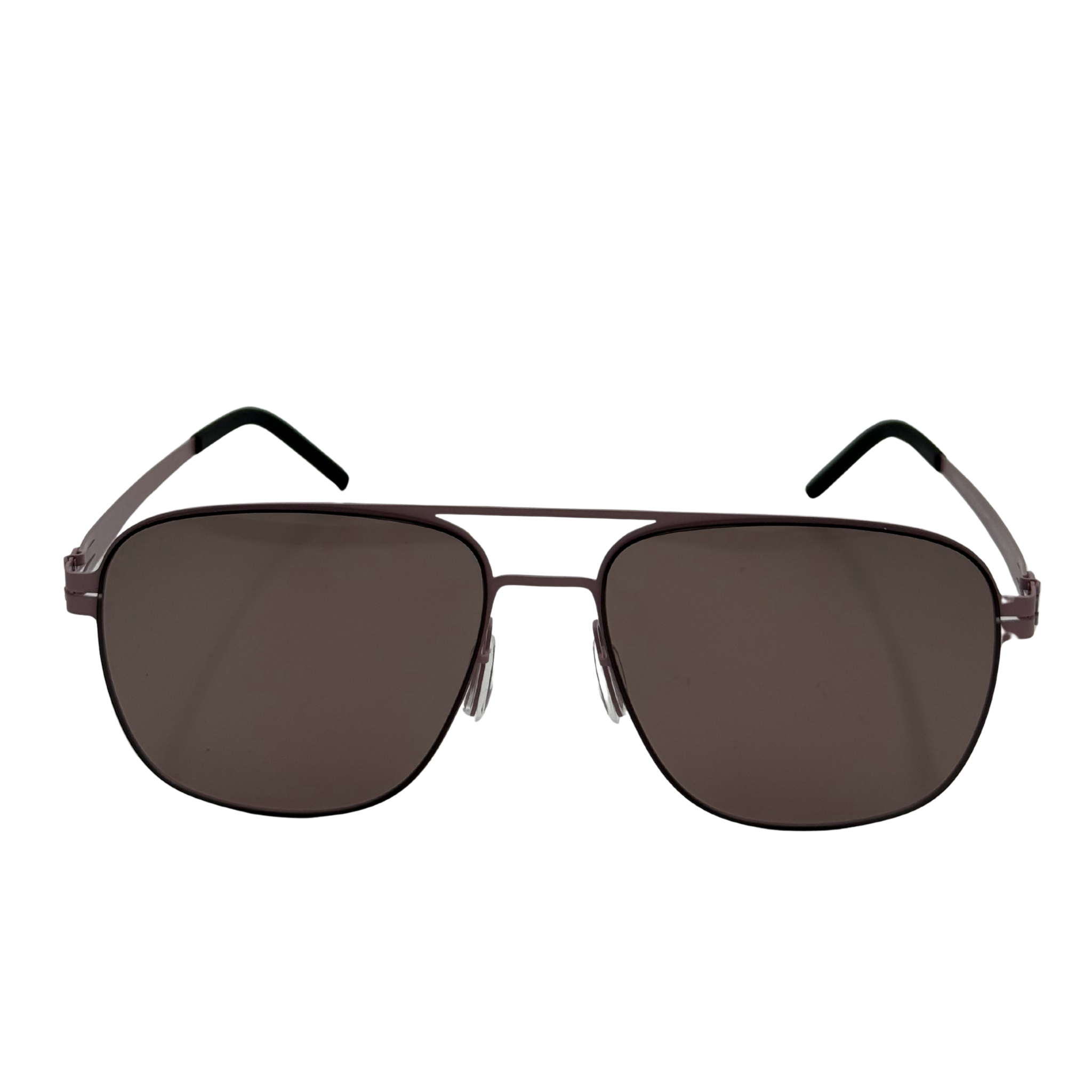 Sunglasses with dark lenses and thin metal frame on a white background