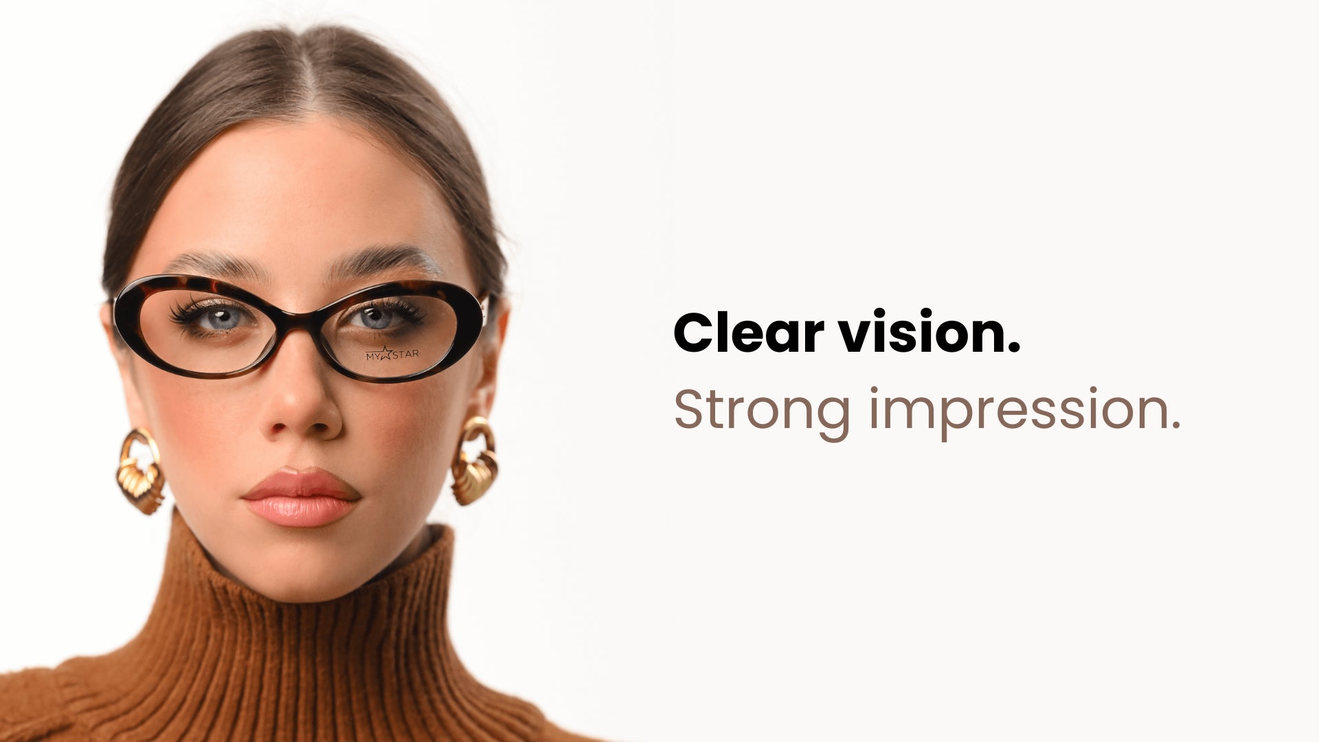 Woman wearing glasses with text 'Clear vision. Strong impression.'