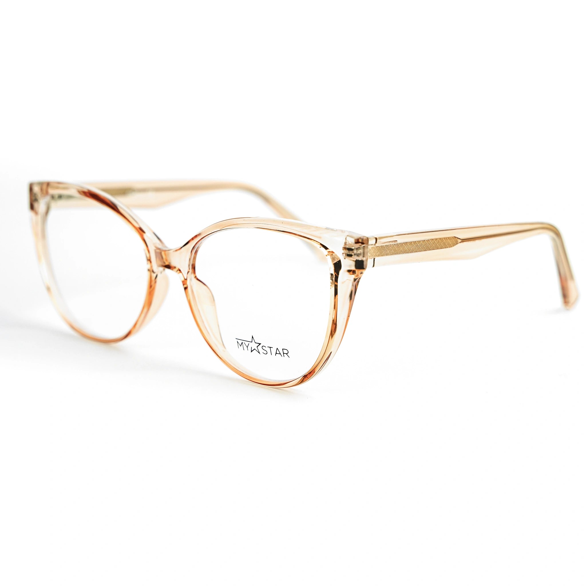 Clear cat-eye glasses with a brand logo on a white background