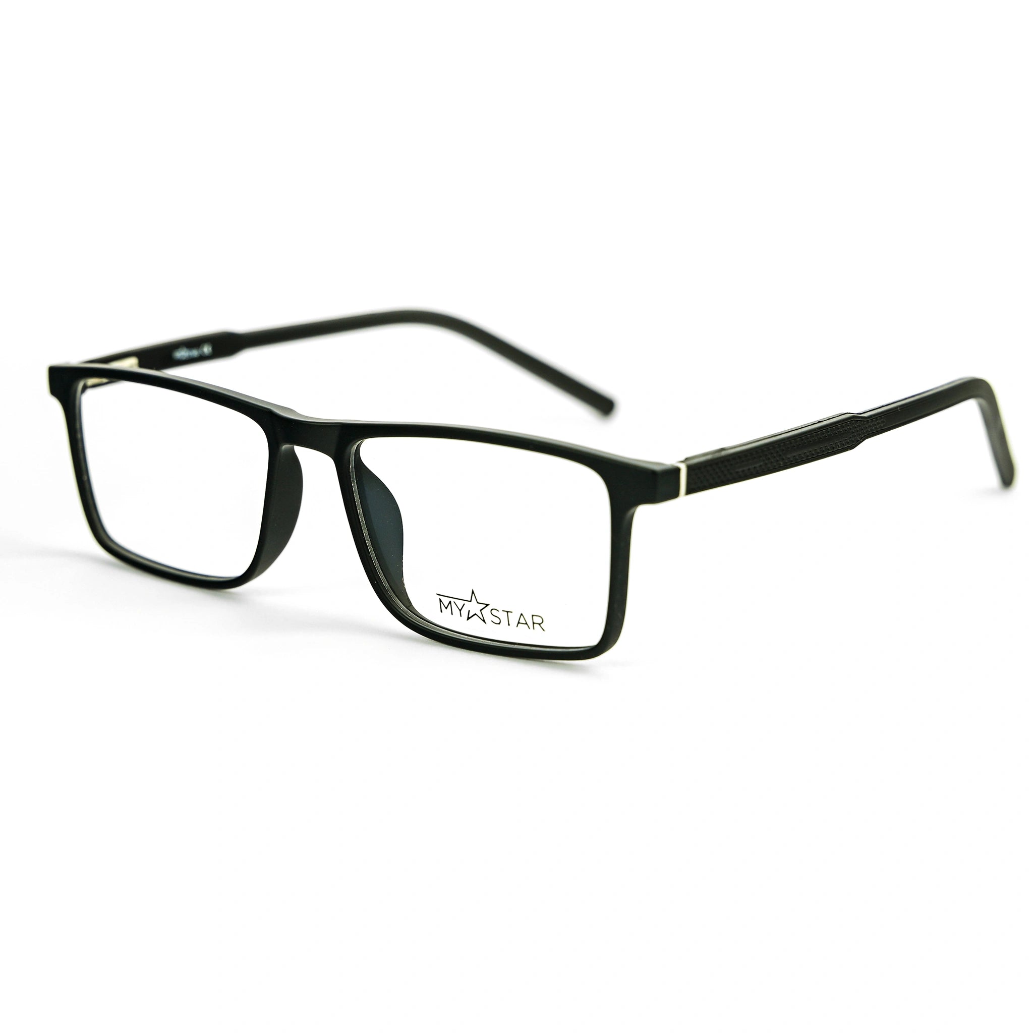 Black eyeglasses with 'MyStar' logo on a white background