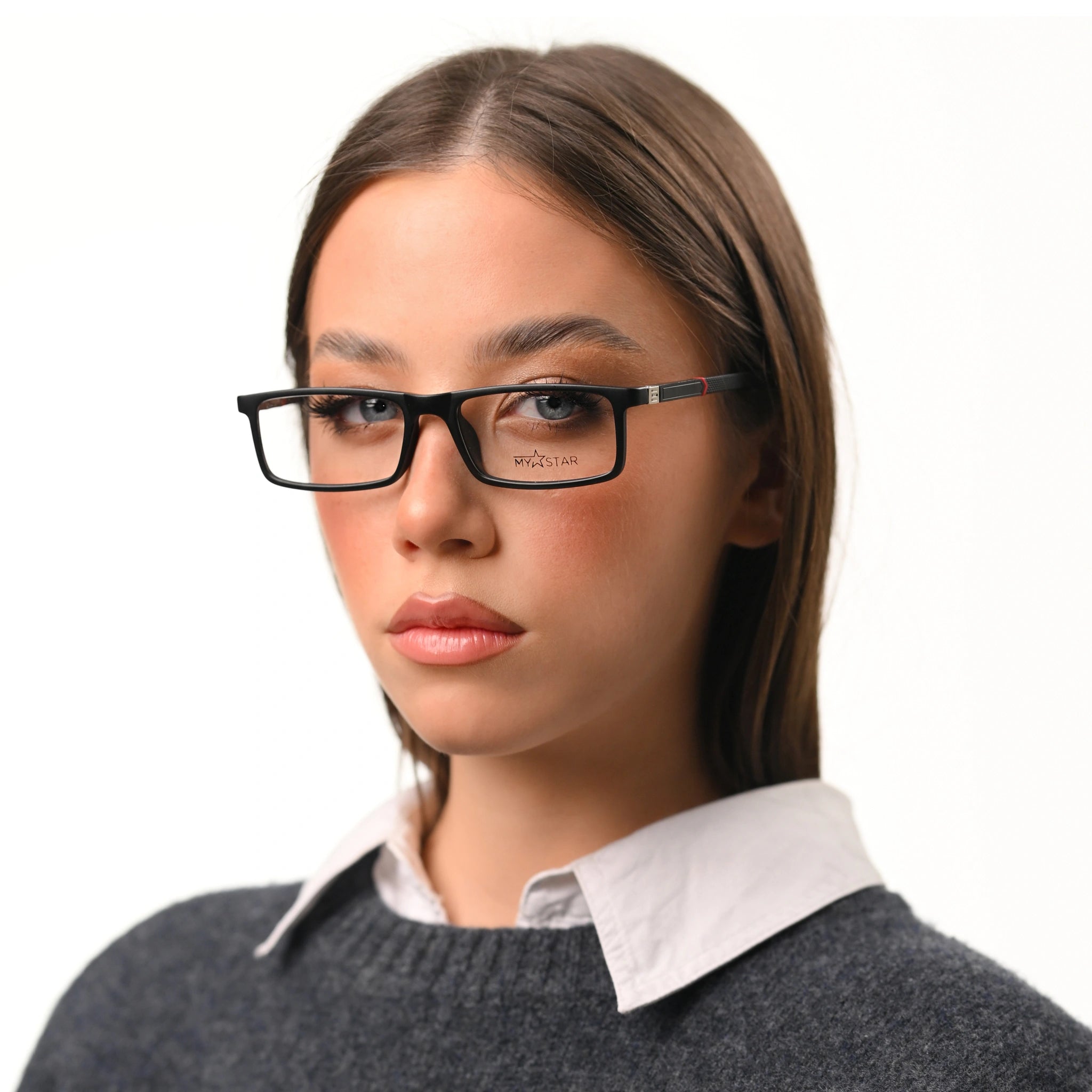 Woman wearing glasses with a visible brand logo on a white background