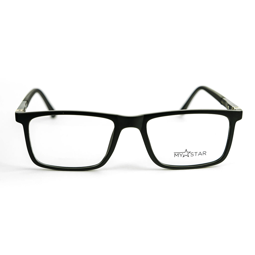 Black eyeglasses with 'MYSTAR' logo on a white background