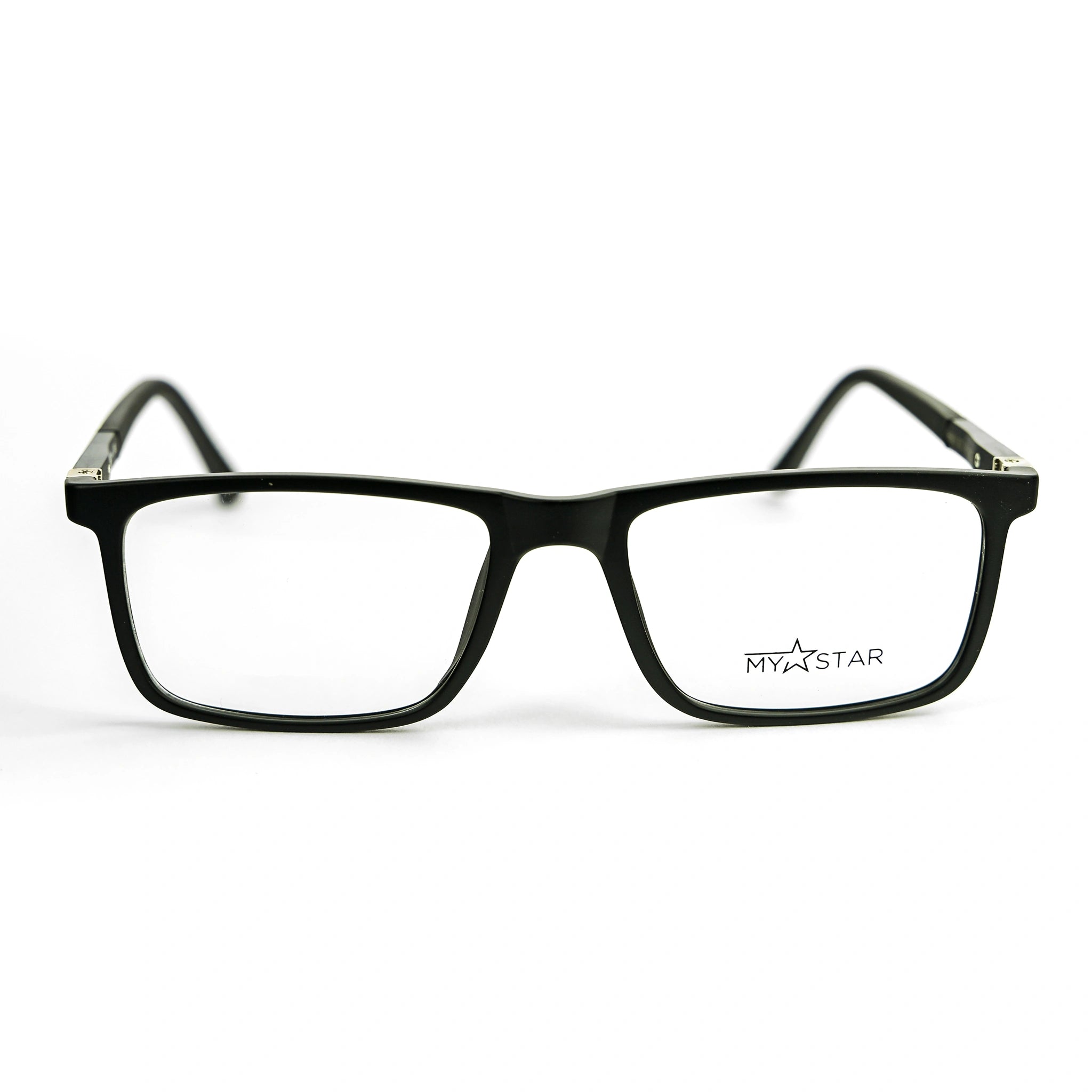 Black eyeglasses with 'MYSTAR' logo on a white background