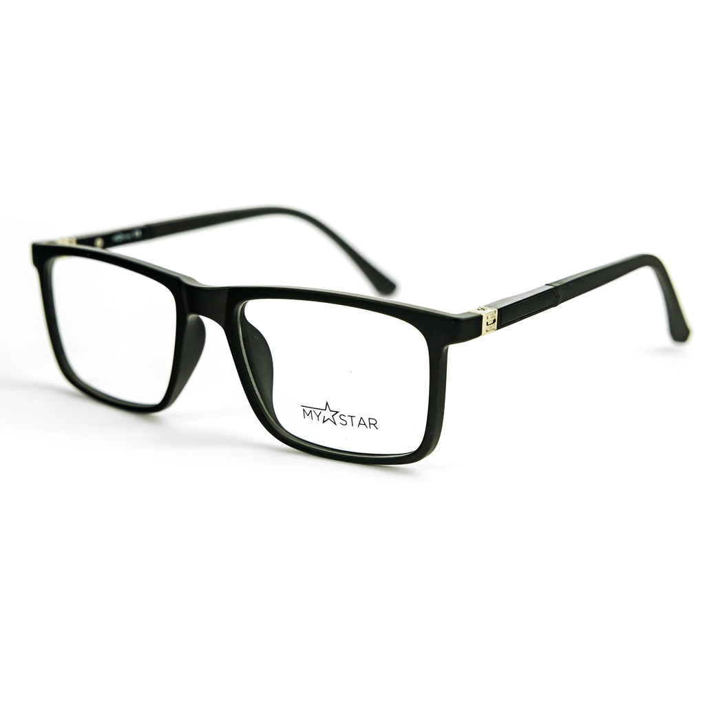 Black eyeglasses with 'MyStar' logo on a white background