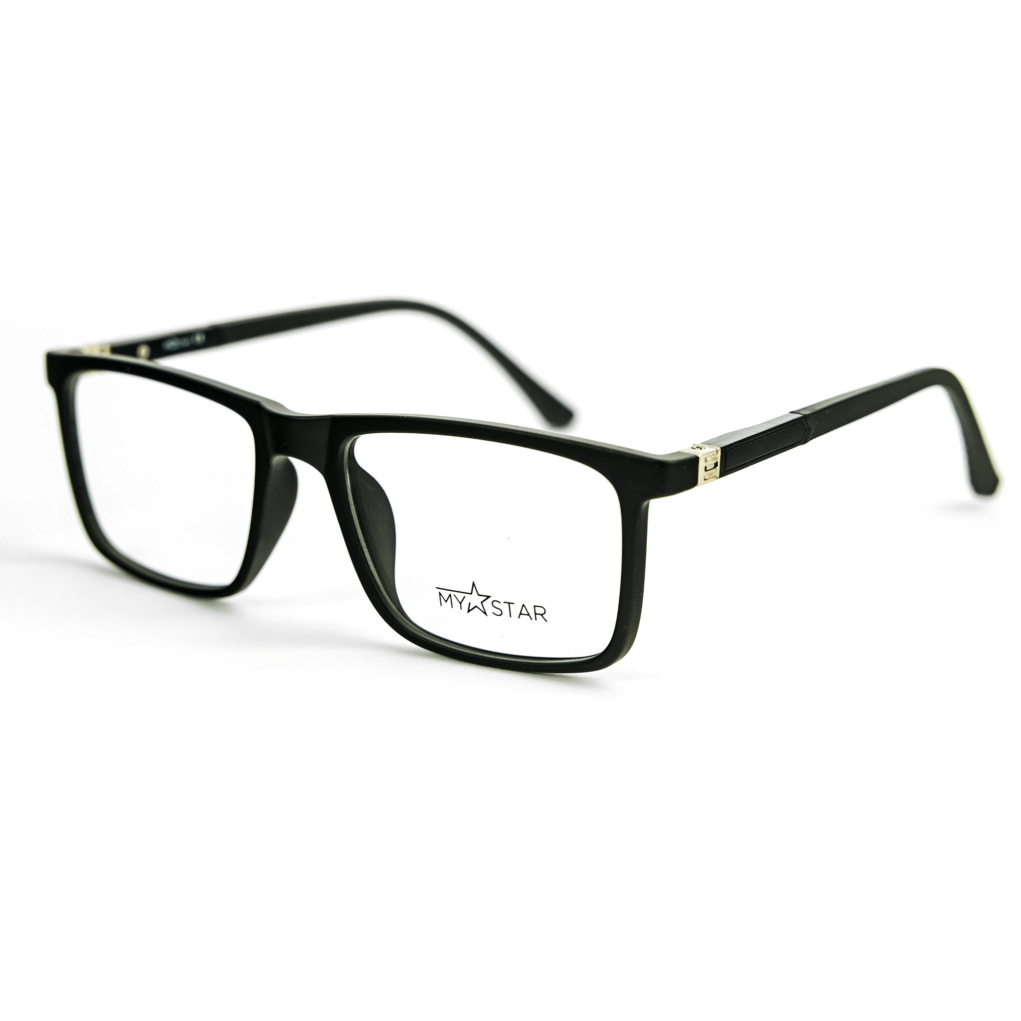 Black eyeglasses with 'MyStar' logo on a white background