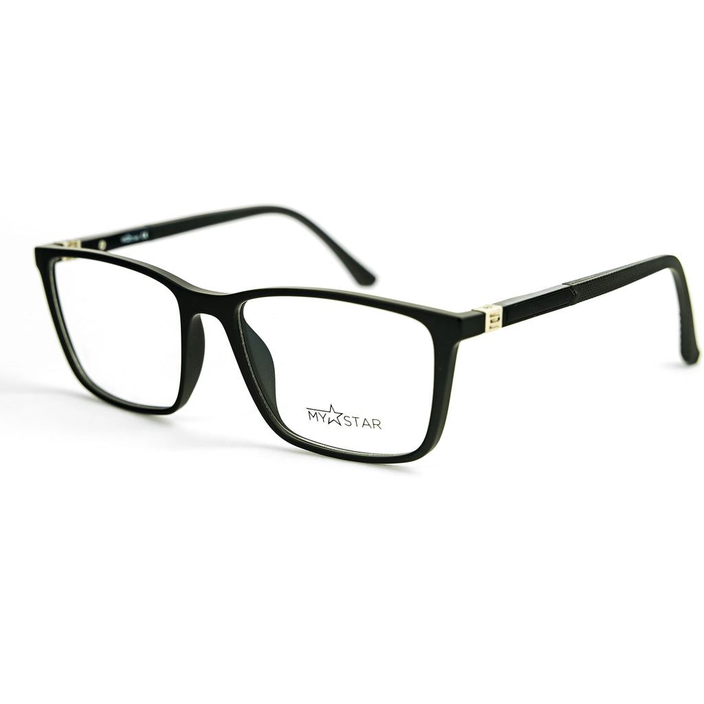 Black eyeglasses with silver accents on a white background