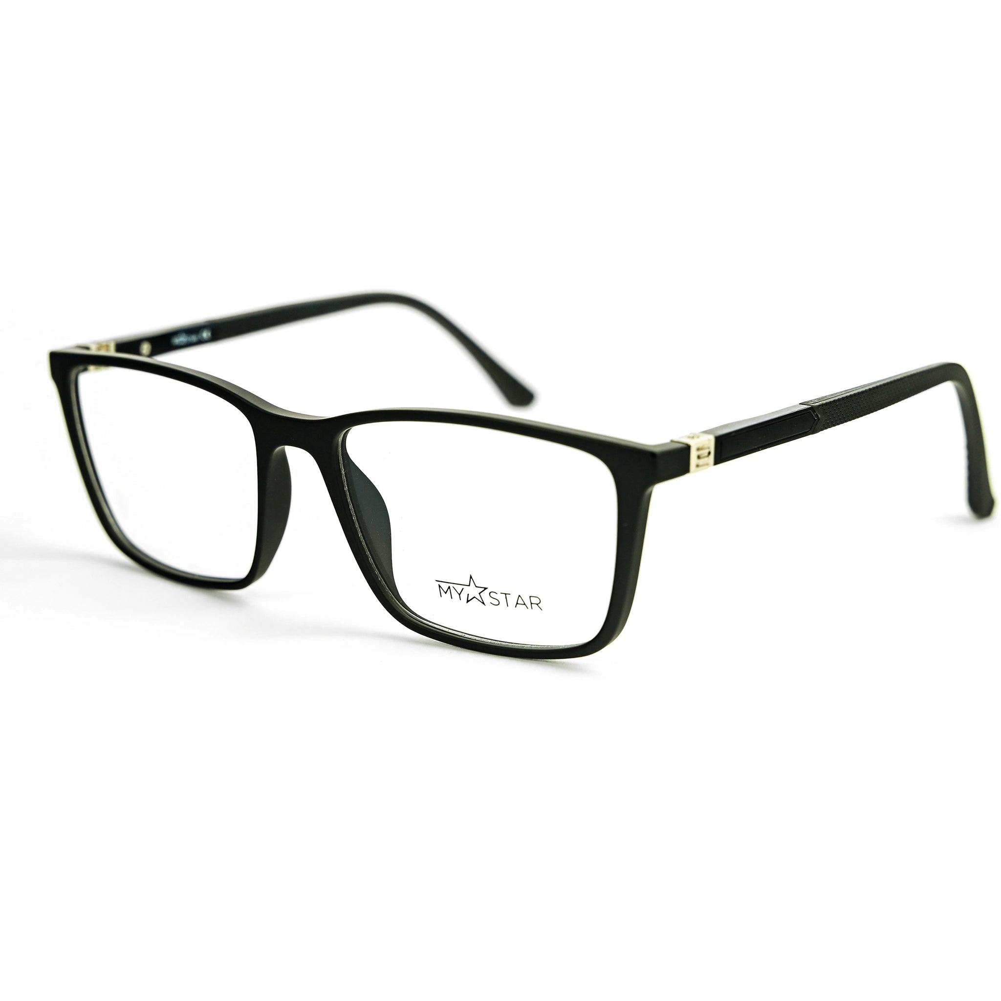 Black eyeglasses with silver accents on a white background