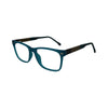 A pair of blue prescription glasses with a full plastic frame and metal accents.