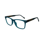 A pair of blue prescription glasses with a full plastic frame and metal accents.
