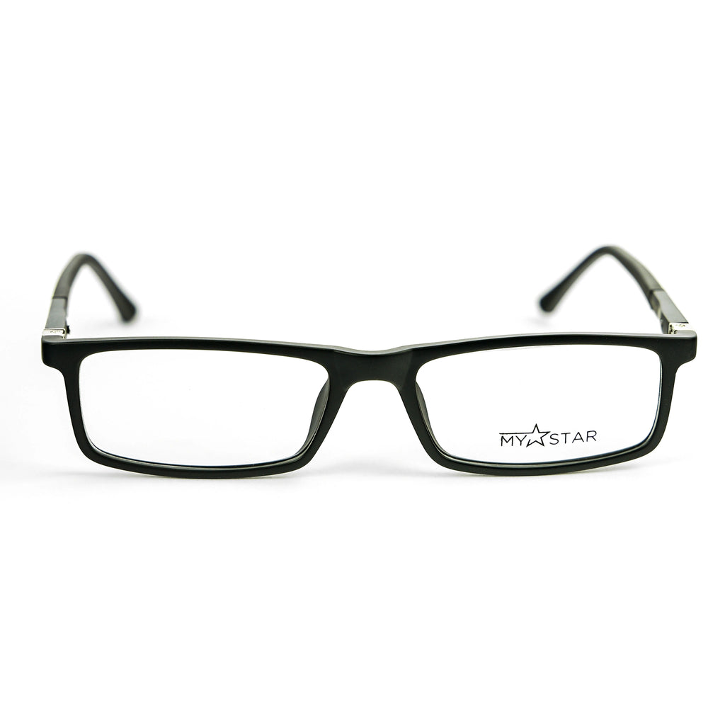 Black eyeglasses with 'MyStar' logo on a white background