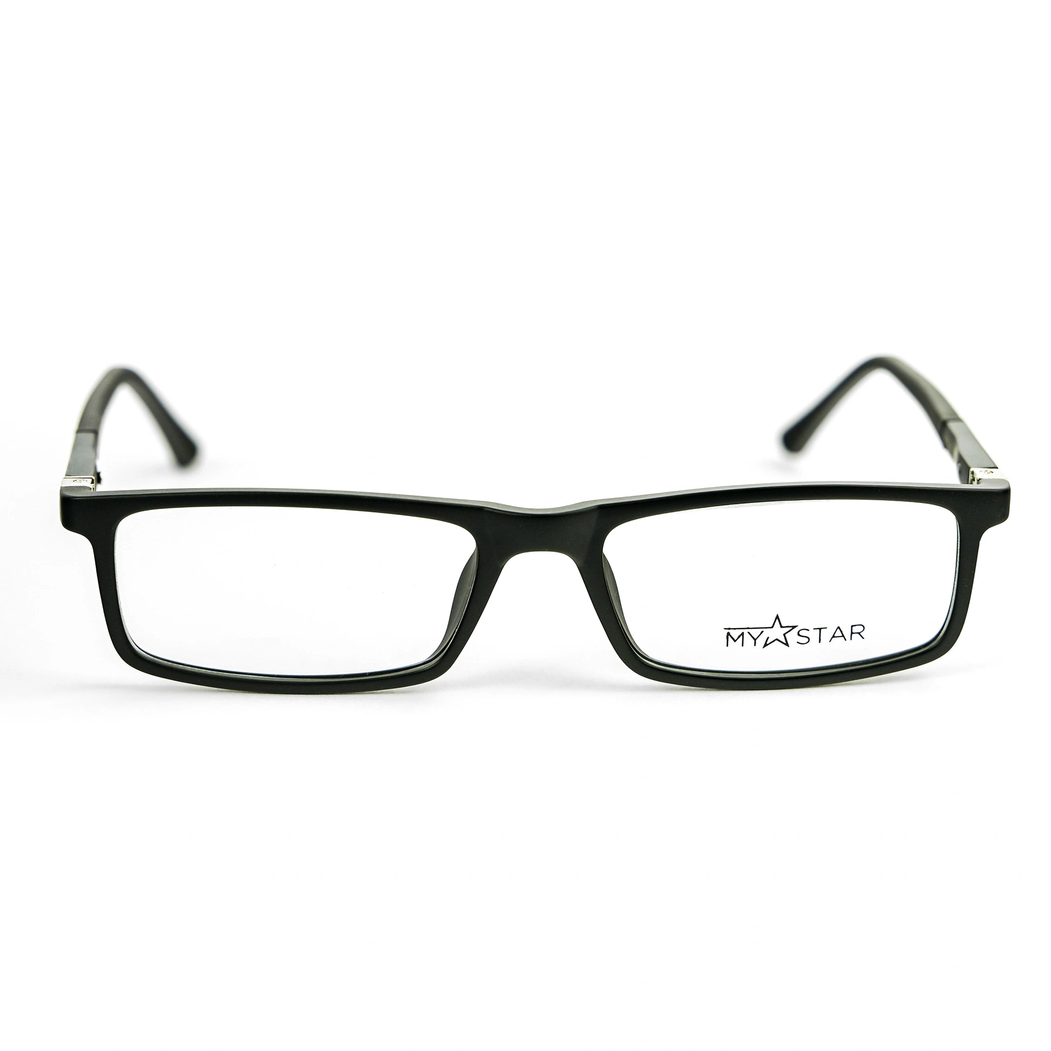 Black eyeglasses with 'MyStar' logo on a white background