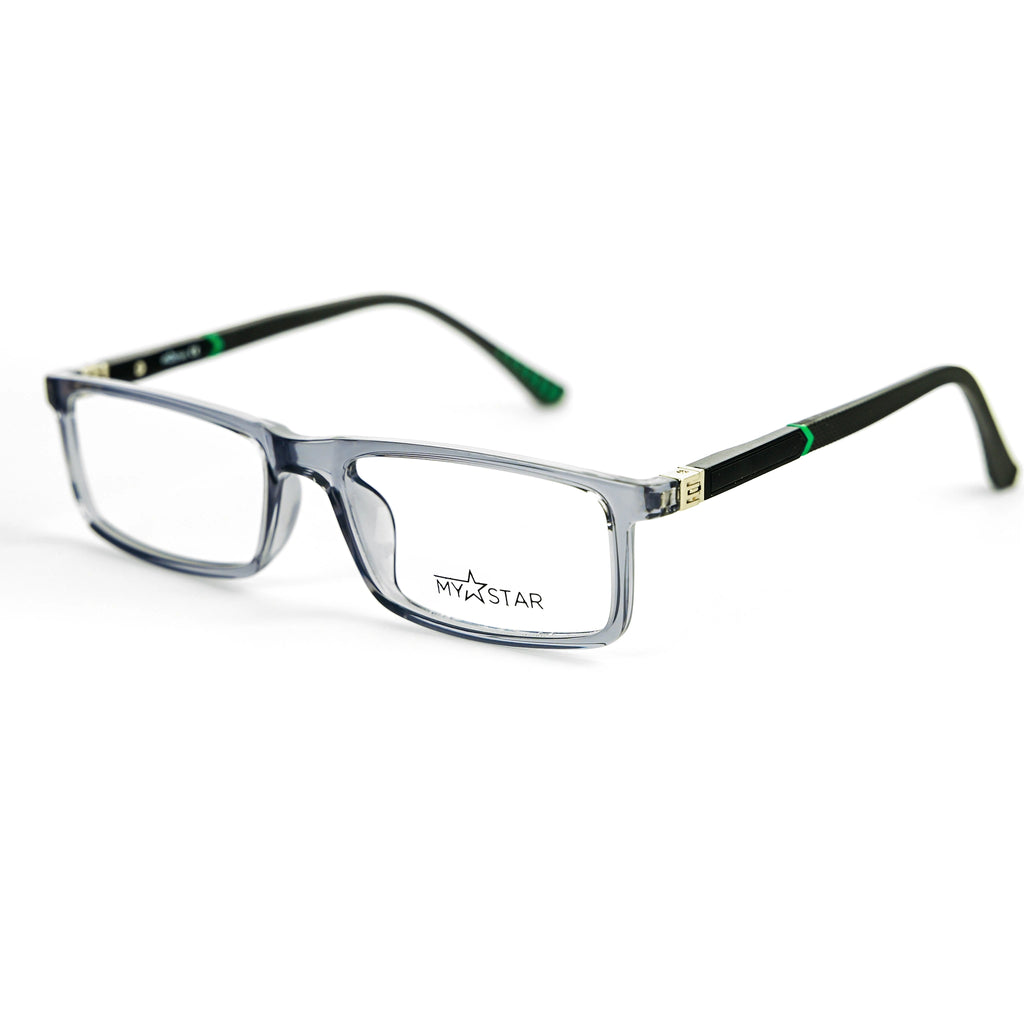 Eyeglasses with a clear frame and green accents on a white background