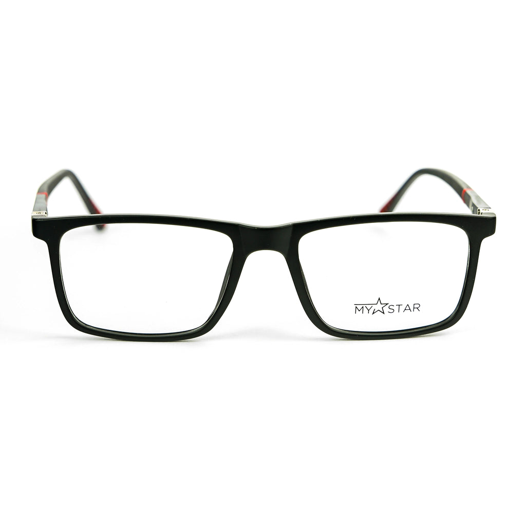 Black eyeglasses with 'MyStar' logo on a white background