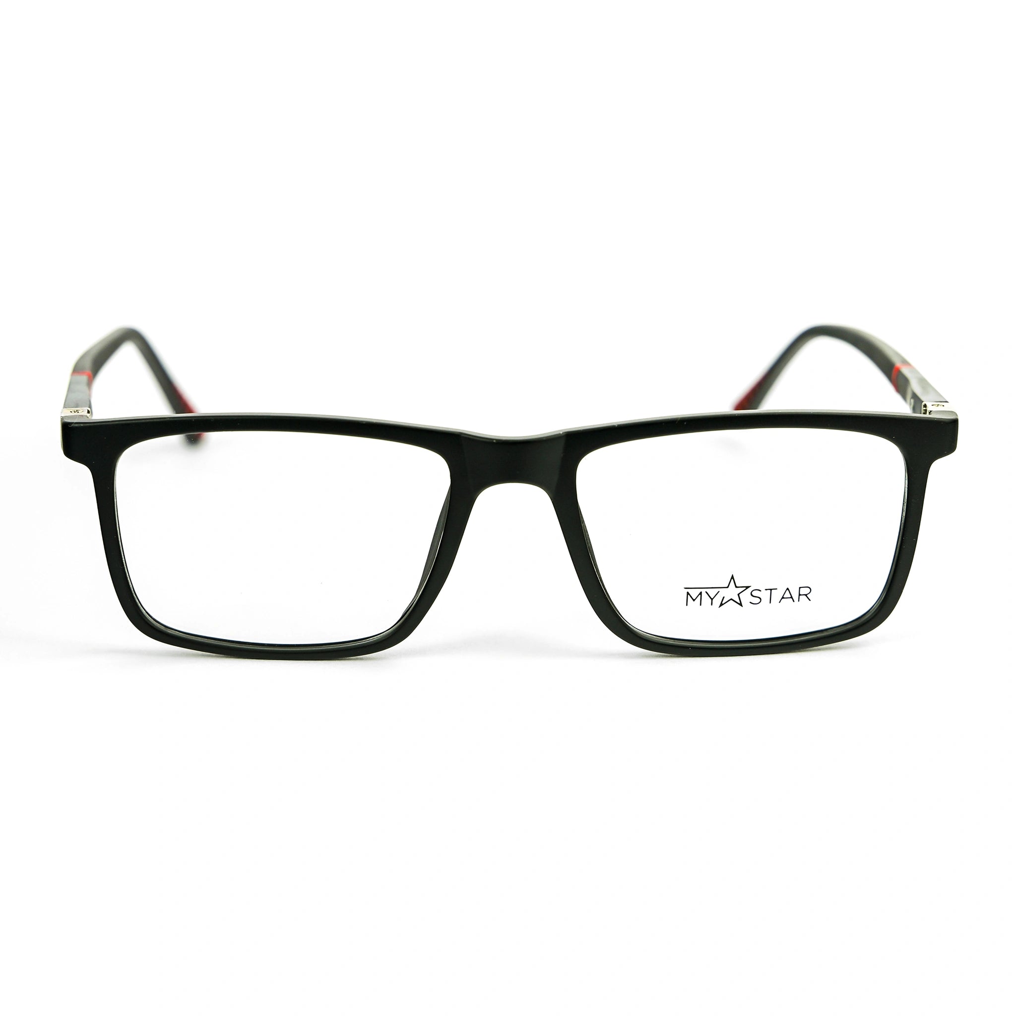 Black eyeglasses with 'MyStar' logo on a white background