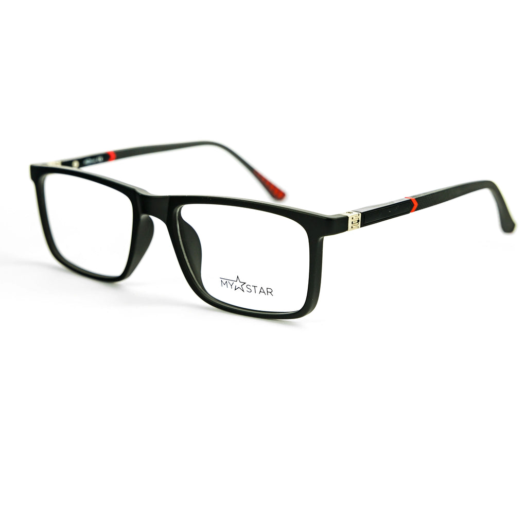 Black eyeglasses with red accents on a white background