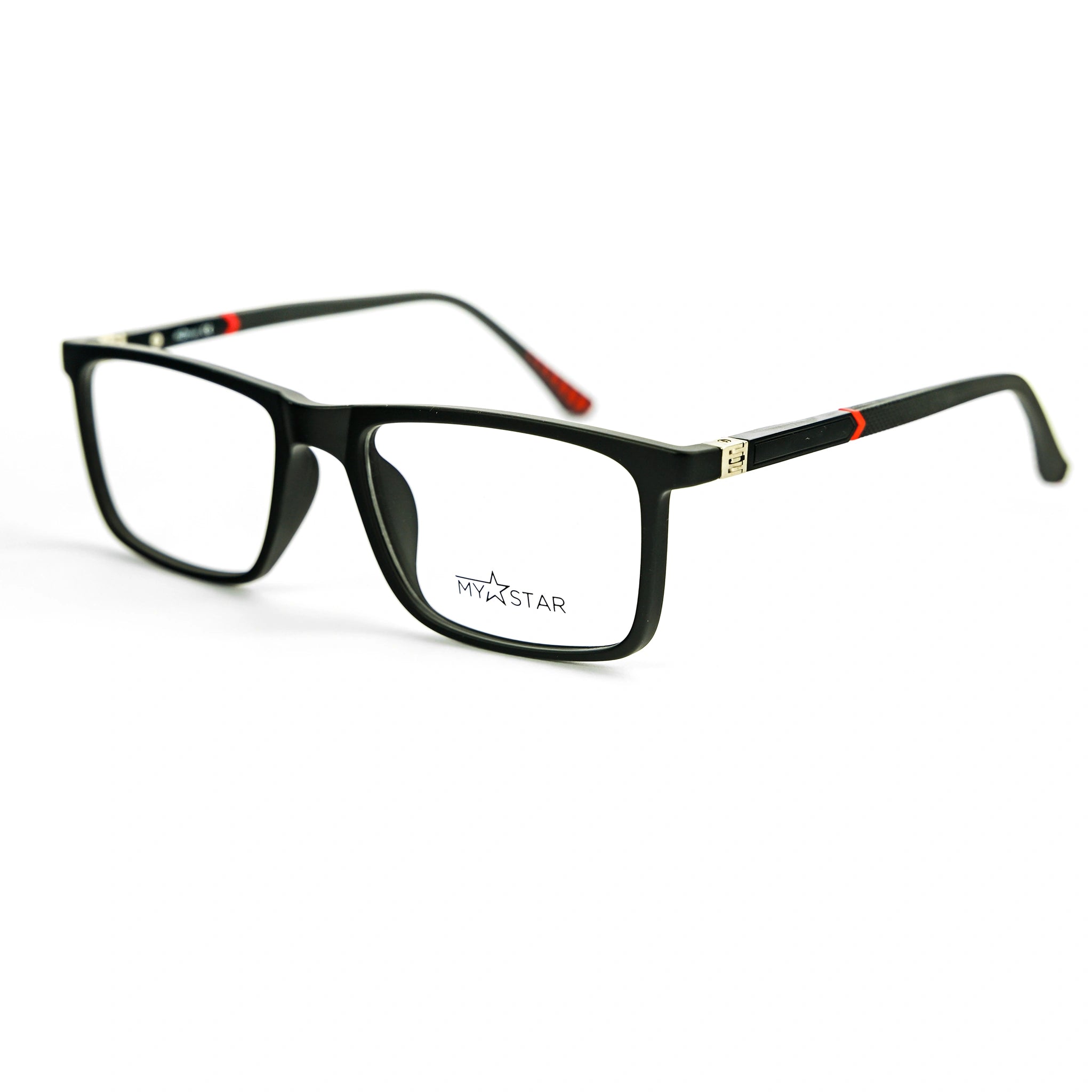 Black eyeglasses with red accents on a white background