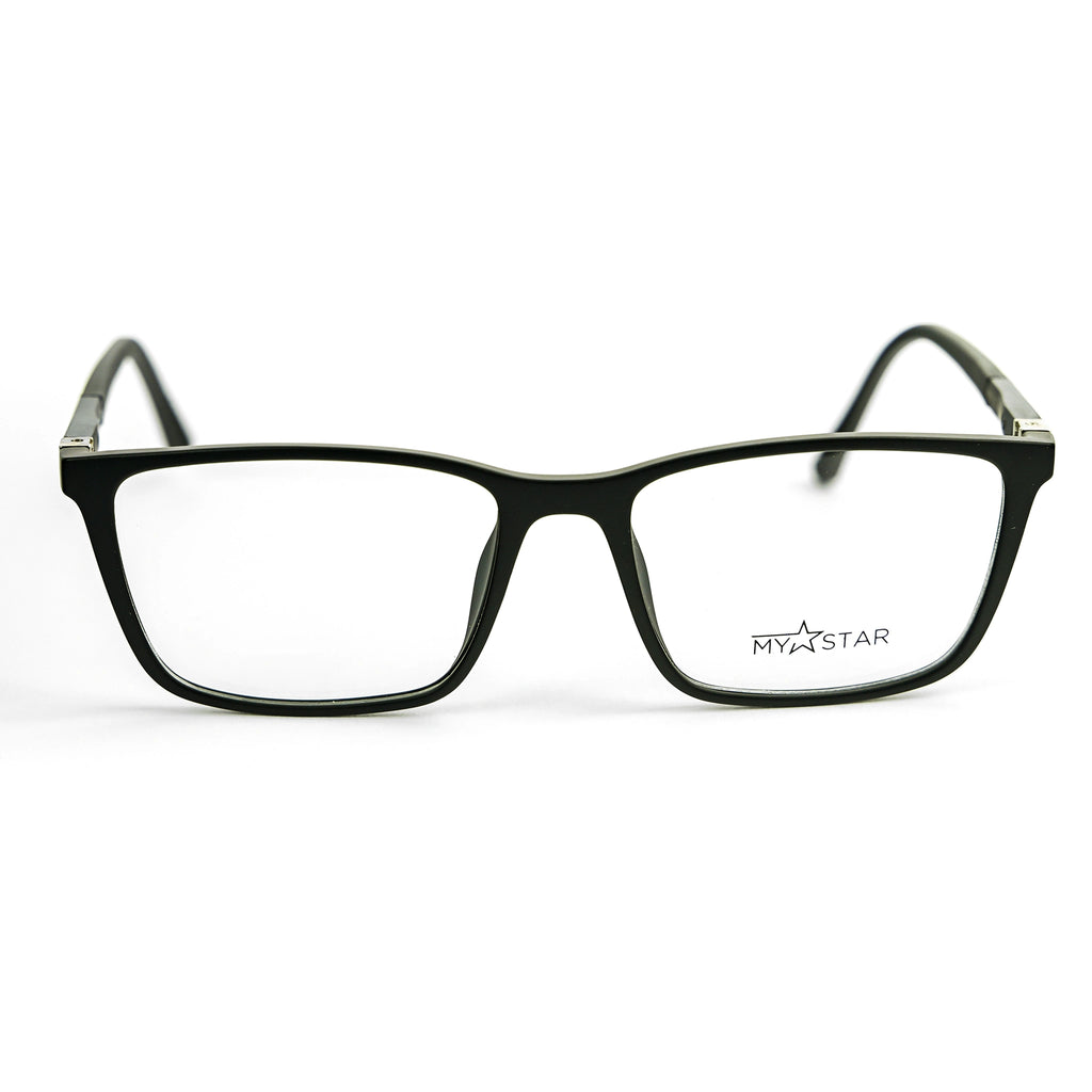 Black eyeglasses with 'MyStar' logo on a white background