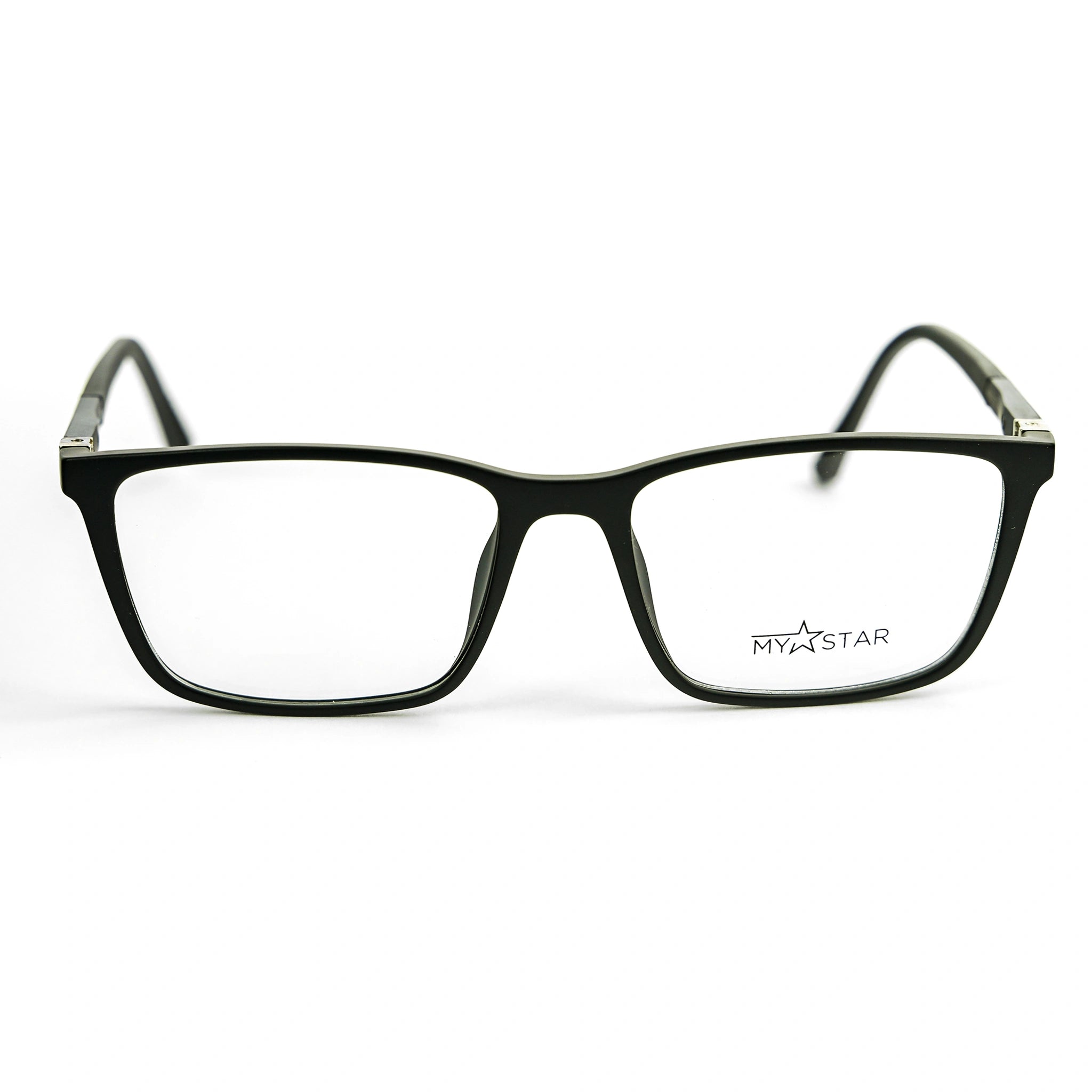 Black eyeglasses with 'MyStar' logo on a white background