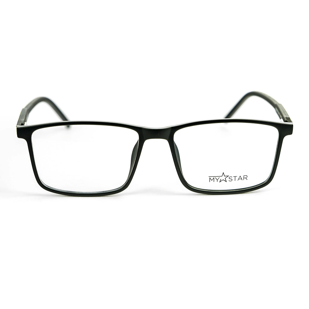Black eyeglasses with 'MYSTAR' logo on a white background