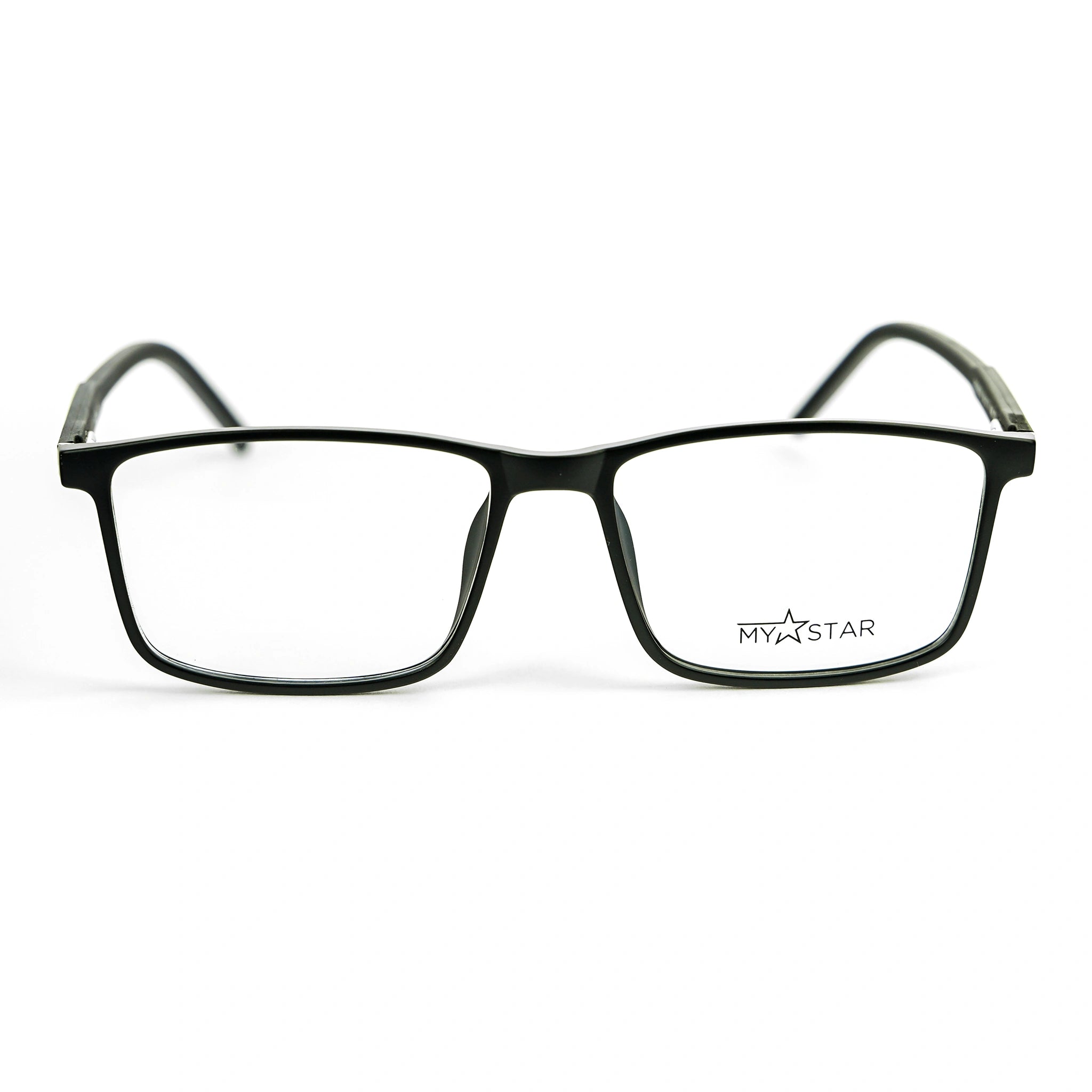Black eyeglasses with 'MYSTAR' logo on a white background