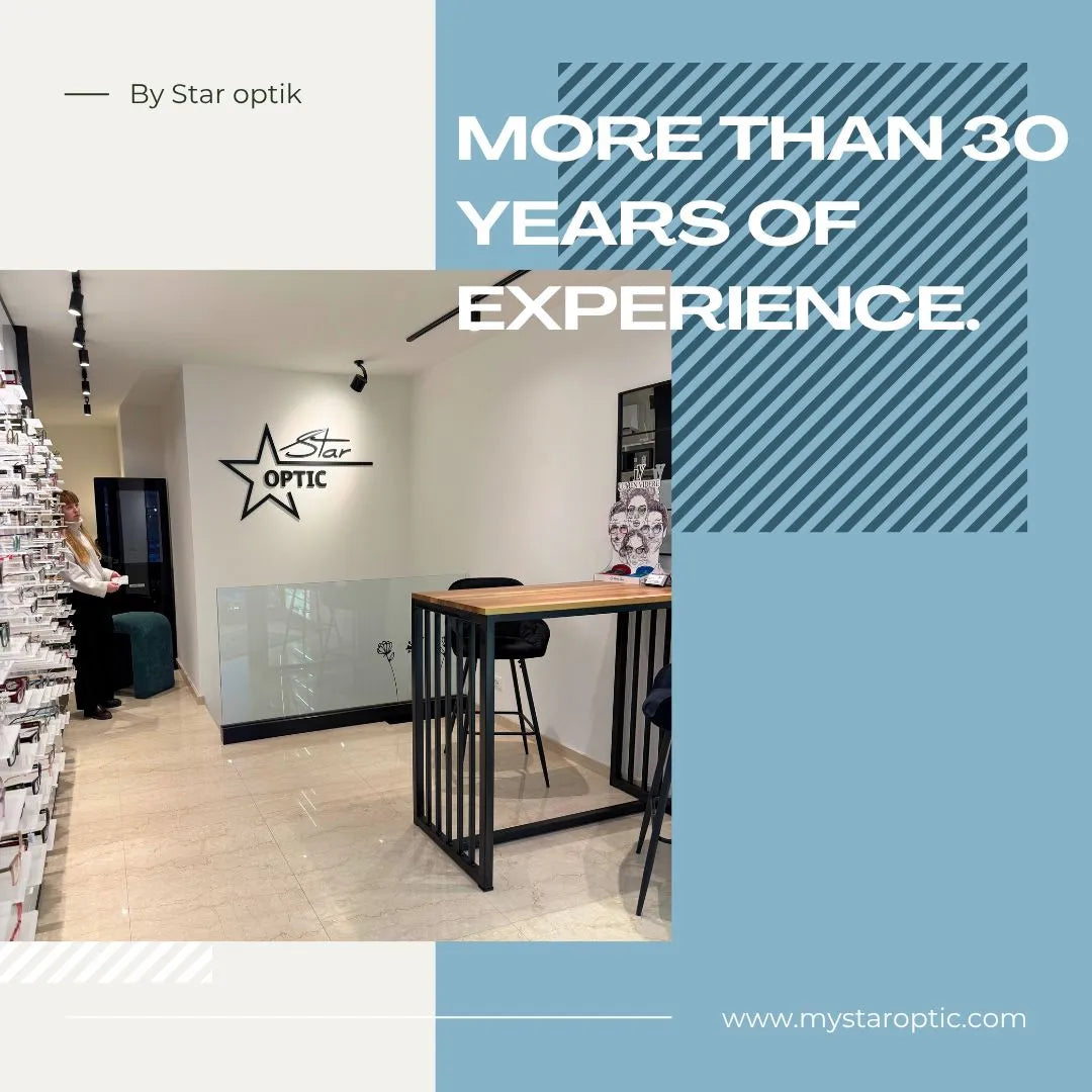 Optician's office with 'Star Optic' branding and text about 30 years of experience.