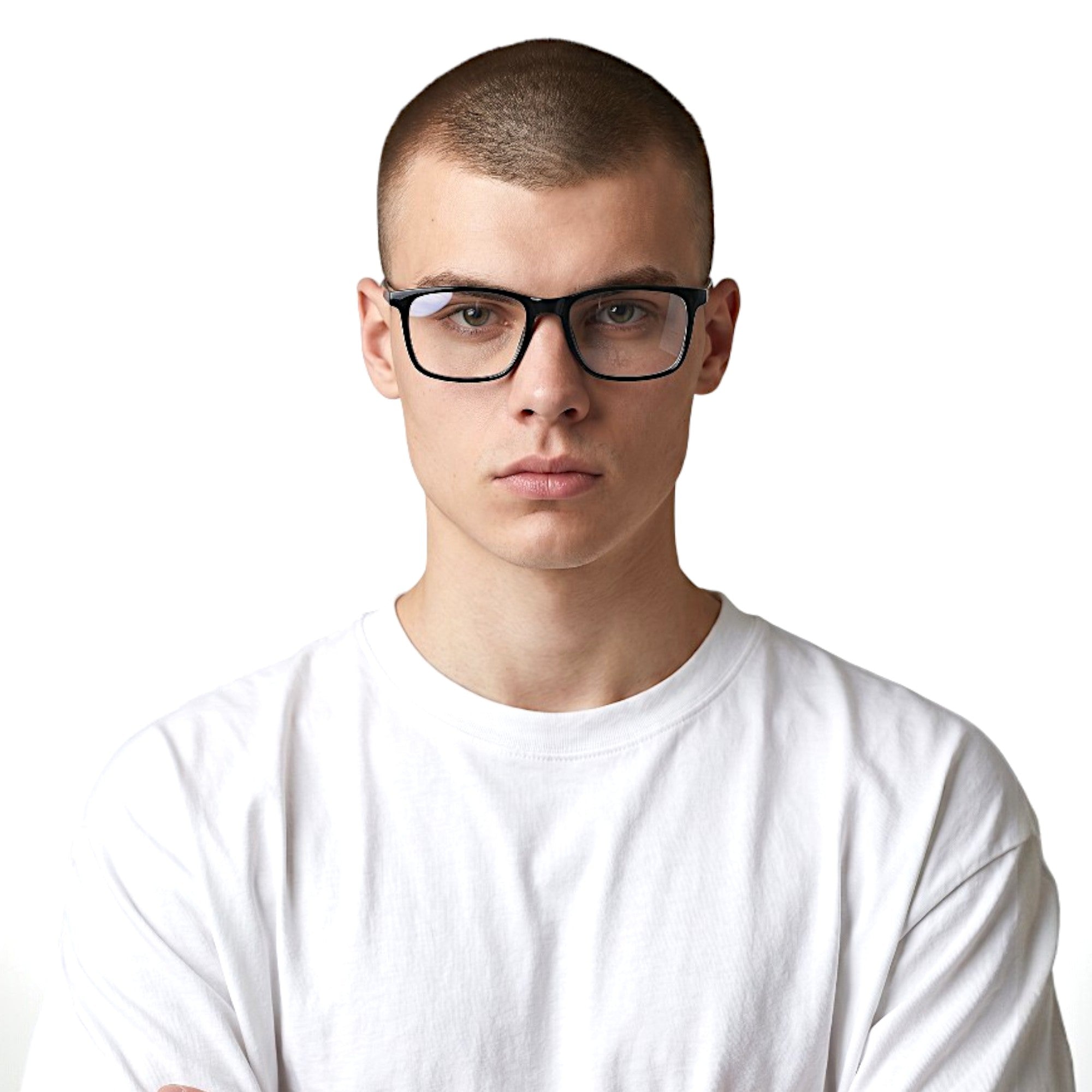 MyStar Black AXIS prescription glasses frame on a woman with blonde hair wearing a grey sweater and jeans, holding a latte.