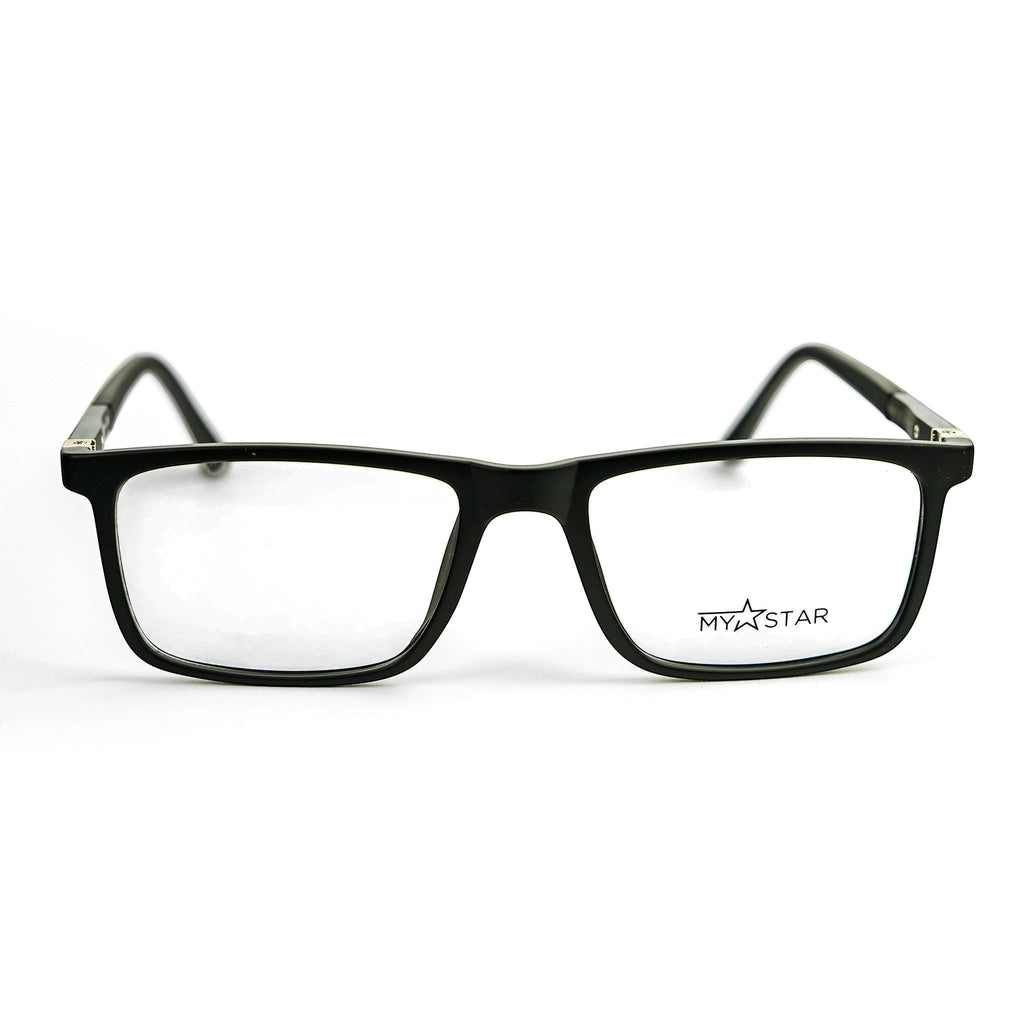 MyStar black AXIS prescription glasses frame with a classic rectangular shape and subtle branding on the lens.