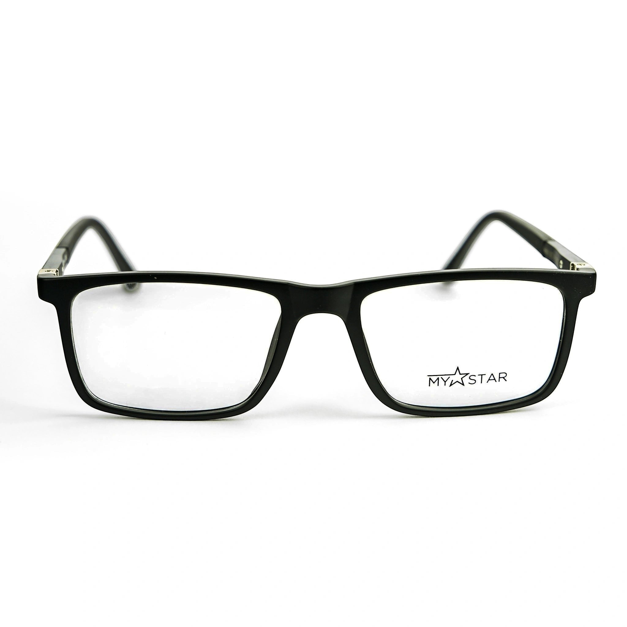 MyStar black AXIS prescription glasses frame with a classic rectangular shape and subtle branding on the lens.