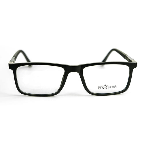 MyStar black AXIS prescription glasses frame with a classic rectangular shape and subtle branding on the lens.