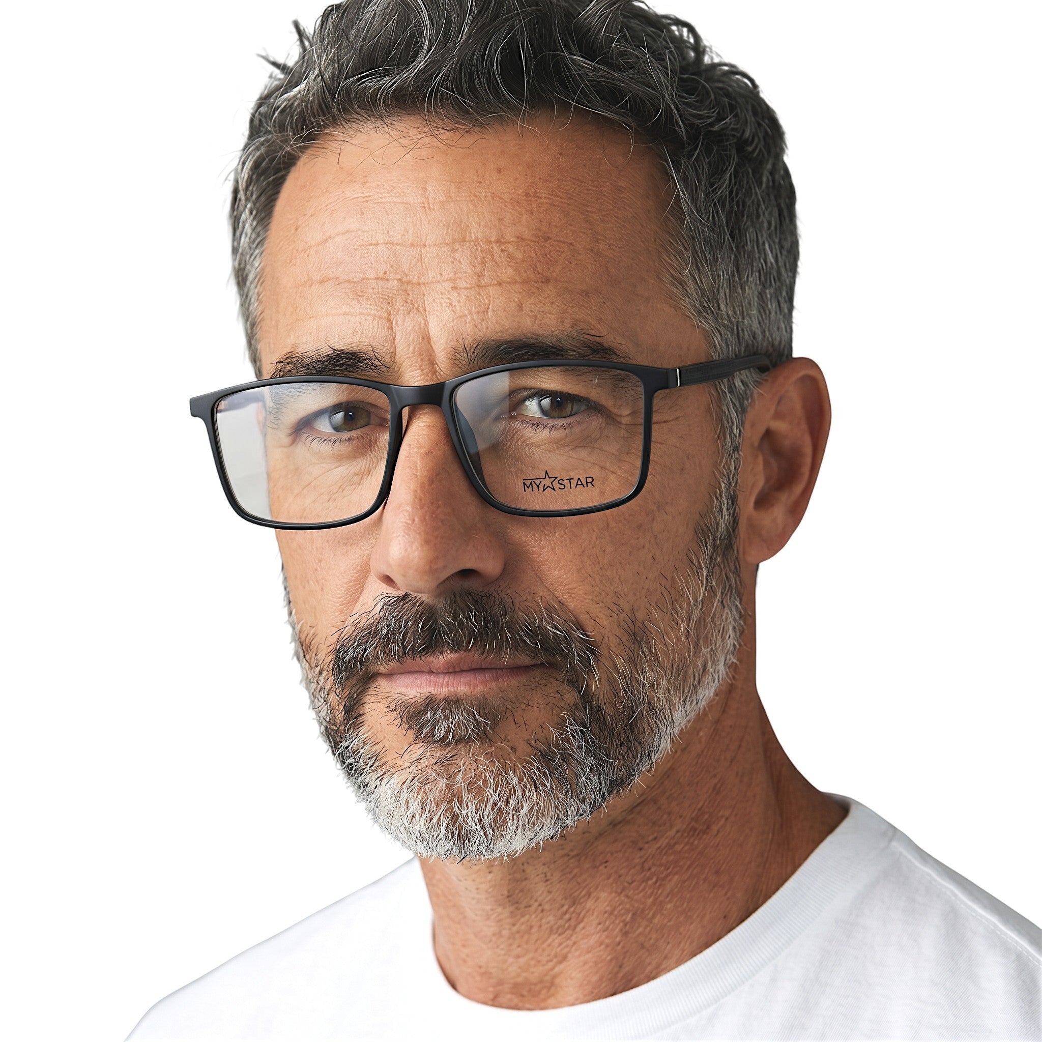 MyStar black LEO rectangular prescription glasses with a matte finish, worn by a man.
