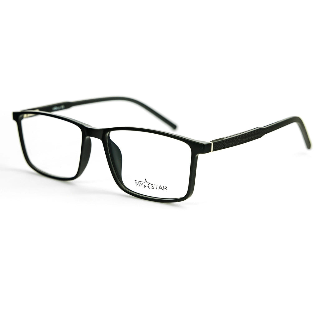 MyStar LEO black rectangular prescription glasses with textured temples.