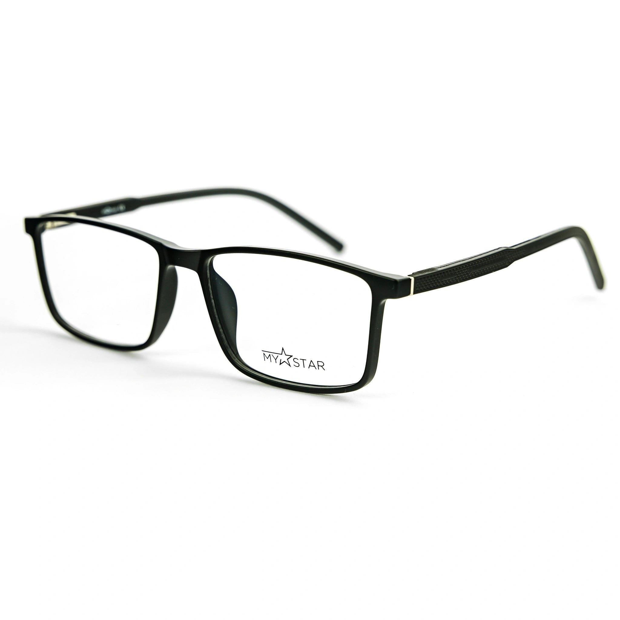 MyStar LEO black rectangular prescription glasses with textured temples.