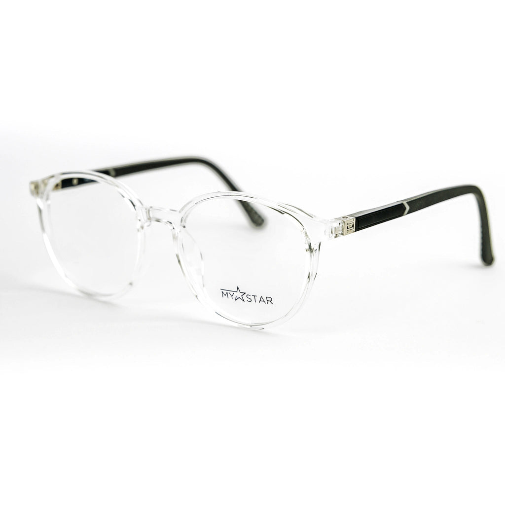 MyStar BOLD clear acetate round prescription glasses with black temple arms.