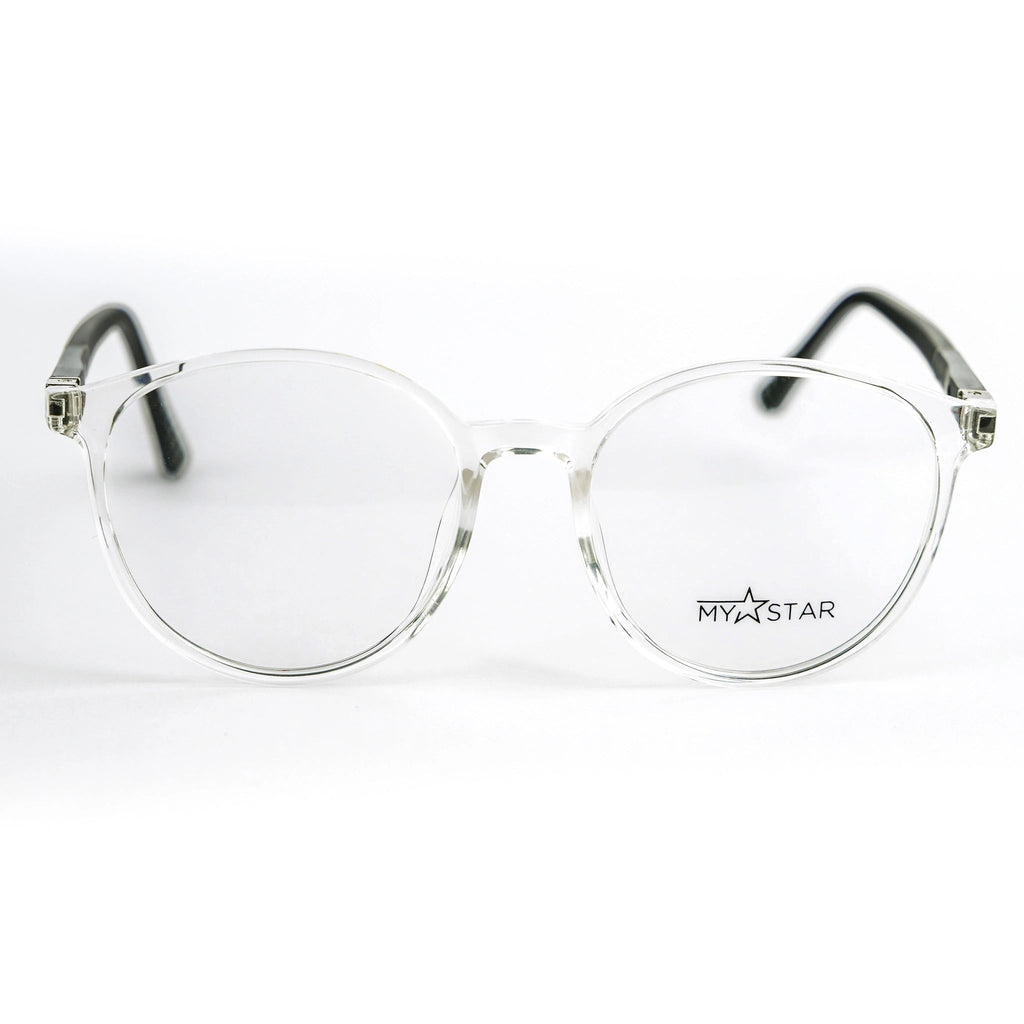 MyStar BOLD transparent round prescription glasses with clear acetate frames and black arms.