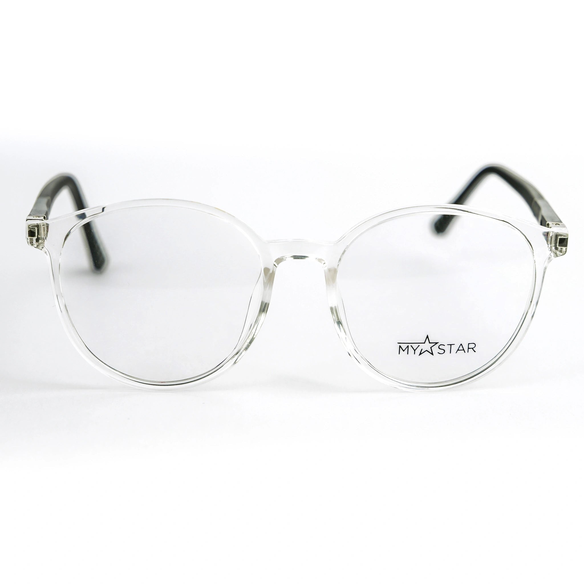 MyStar BOLD transparent round prescription glasses with clear acetate frames and black arms.