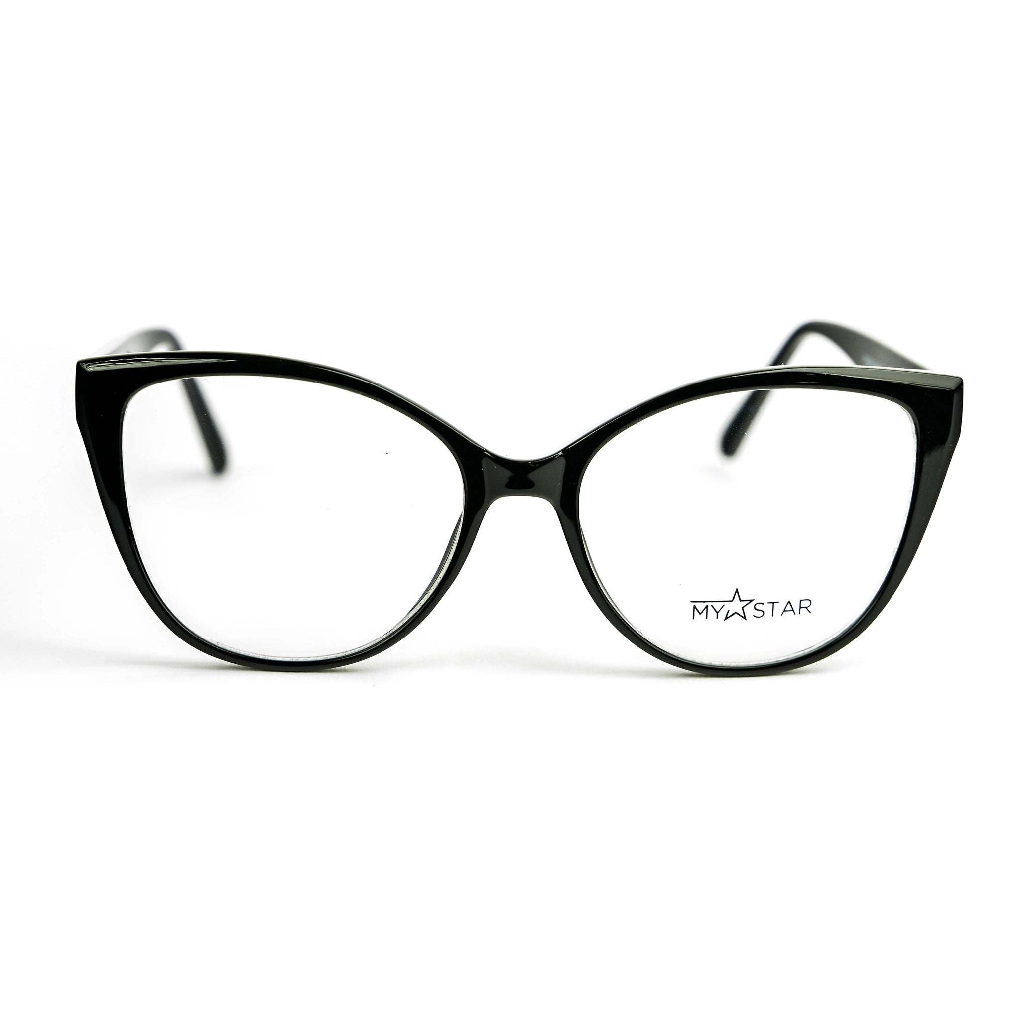 Black cat-eye glasses with 'MYSTAR' branding on a white background