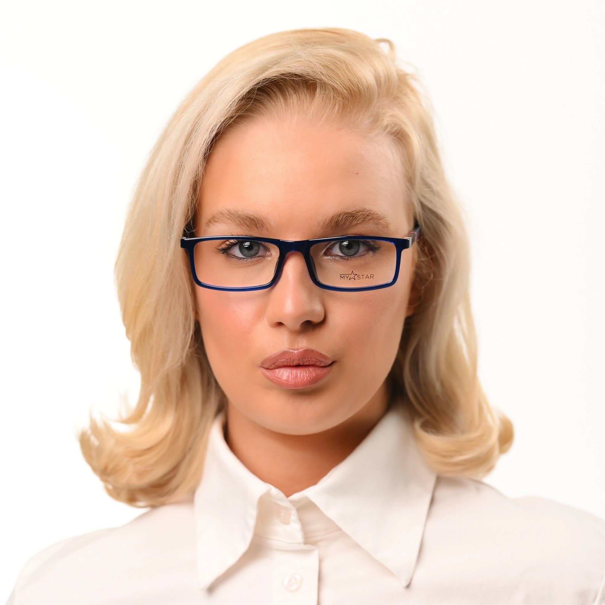 Woman wearing blue eyeglasses on a white background